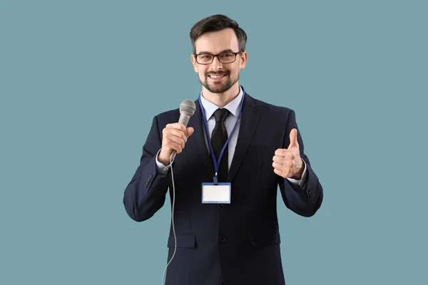 Male Journalist Microphone Showing Thumb Blue Background — Stock Photo, Image