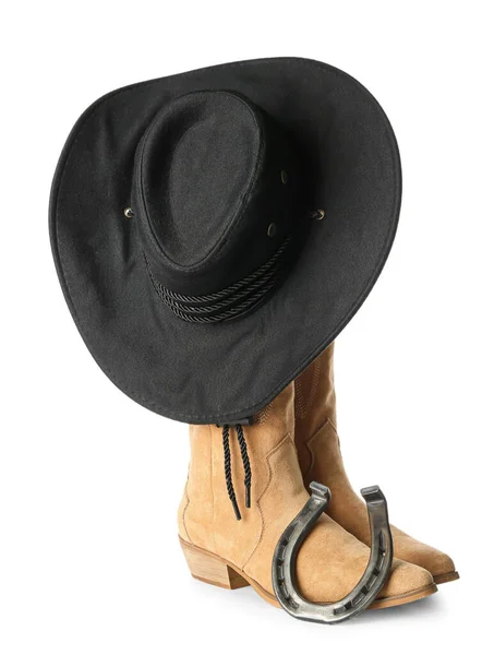 Elegante Sombrero Vaquero Zapatos Herradura Aislados Sobre Fondo Blanco — Foto de Stock