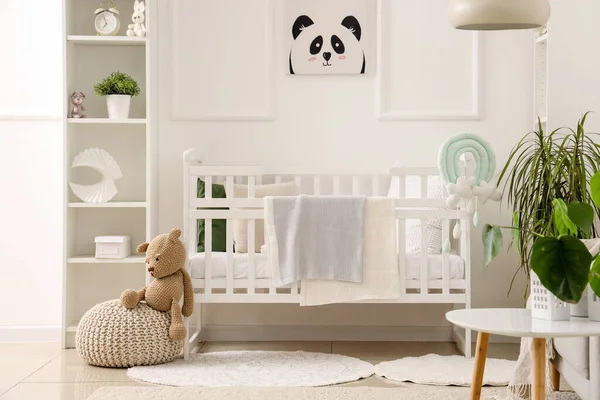 Stylish Interior Children Room White Tones Baby Bed Shelving Unit — Stock Photo, Image