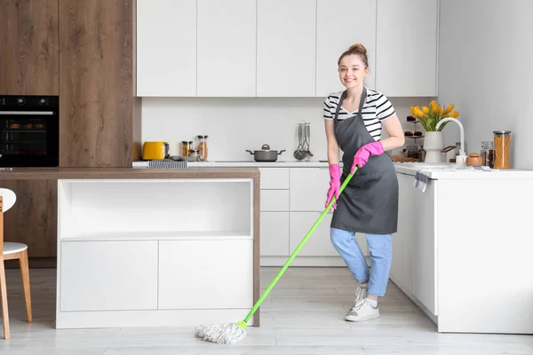 Happy Young Woman Mopping Floor Light Kitchen — Stock Photo, Image