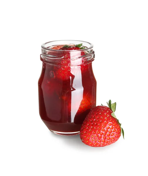 Jar Sweet Strawberry Jam Isolated White Background — Stock Photo, Image