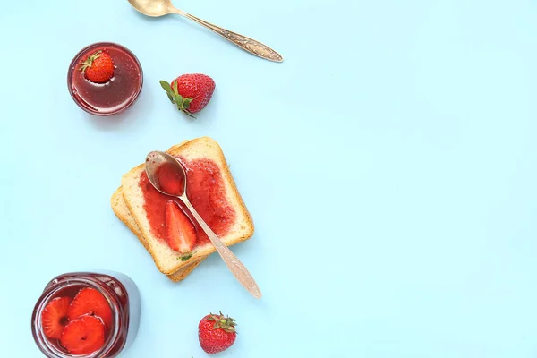Tasty Toasts Sweet Strawberry Jam Blue Background — Stock Photo, Image