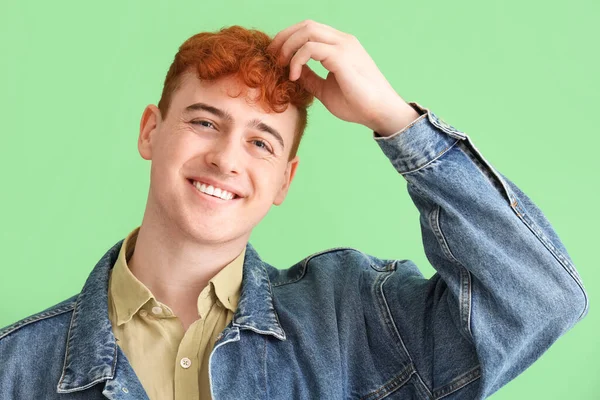 Young Redhead Man Green Background — Stock Photo, Image