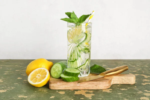 Glass Lemonade Cucumber Mint Green Table — Stock Photo, Image