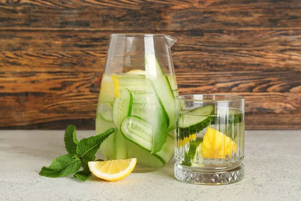 Glass Jug Lemonade Cucumber White Table — Stock Photo, Image