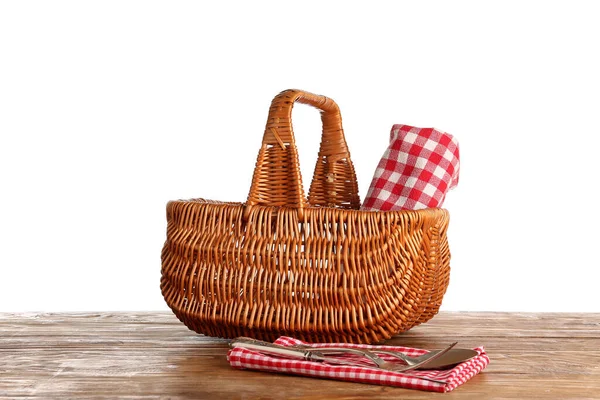 Wicker Picnic Basket Napkin Cutlery Wooden Table White Background — Stock Photo, Image