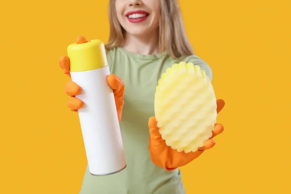 Young Woman Air Freshener Cleaning Sponge Orange Background — Stock Photo, Image