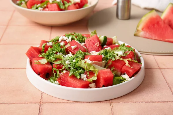 Plate Tasty Watermelon Salad Beige Tile Background — Stock Photo, Image