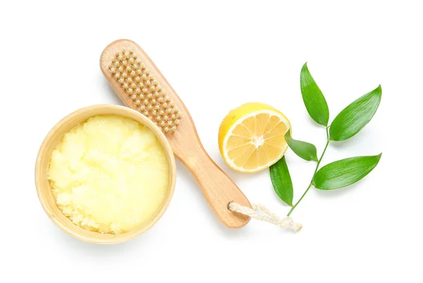 Bowl Lemon Body Scrub Massage Brush Isolated White Background — Stock Photo, Image