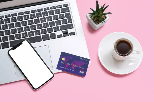 Laptop Credit Card Cup Coffee Mobile Phone Pink Background — Stock Photo, Image