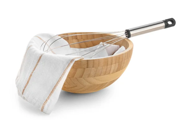 Wooden Bowl Napkin Whisk White Background — Stock Photo, Image
