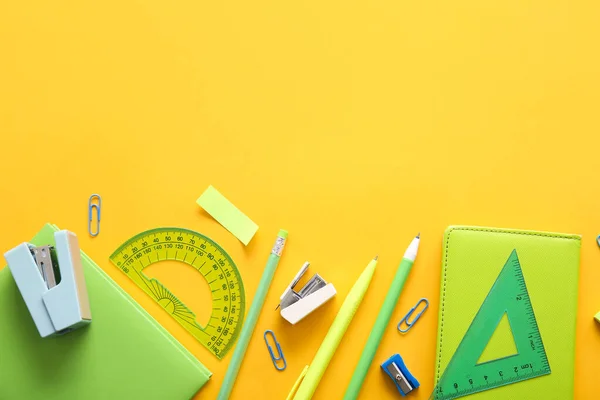 Different School Stationery Notebooks Orange Background — Stock Photo, Image