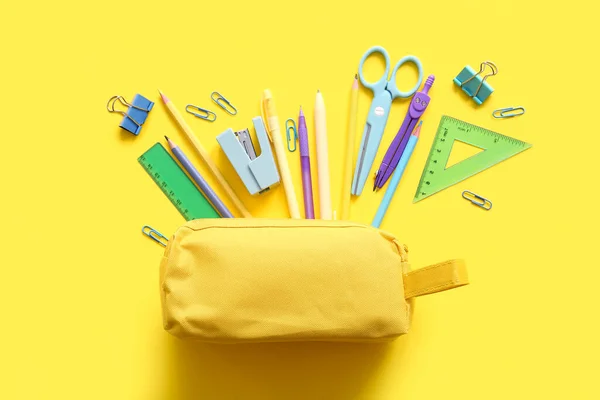 Pencil Case Different School Stationery Yellow Background — Stock Photo, Image