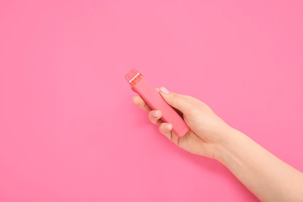 Woman Holding Electronic Cigarette Pink Background — Stock Photo, Image