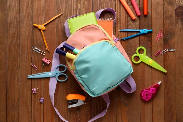 Colorful School Backpack Different Stationery Wooden Background — Stock Photo, Image