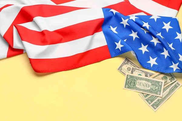 Flag Usa Dollar Banknotes Yellow Background — Stock Photo, Image