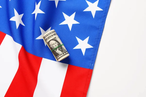 Usa Flag Roll Dollar Banknotes White Background — Stock Photo, Image