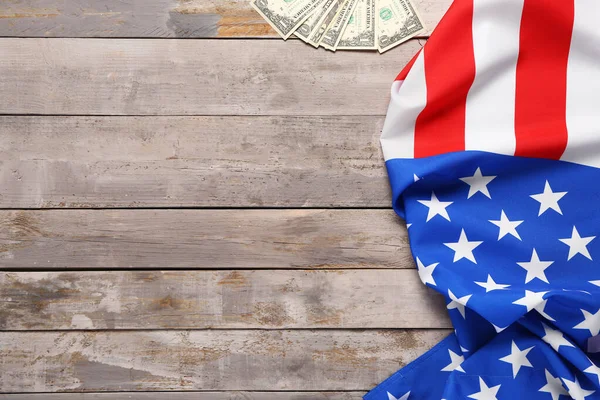 Flag Usa Dollar Banknotes Wooden Background — Stock Photo, Image