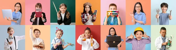 Grupo Crianças Diferentes Sonhando Com Suas Futuras Profissões Fundo Cor — Fotografia de Stock
