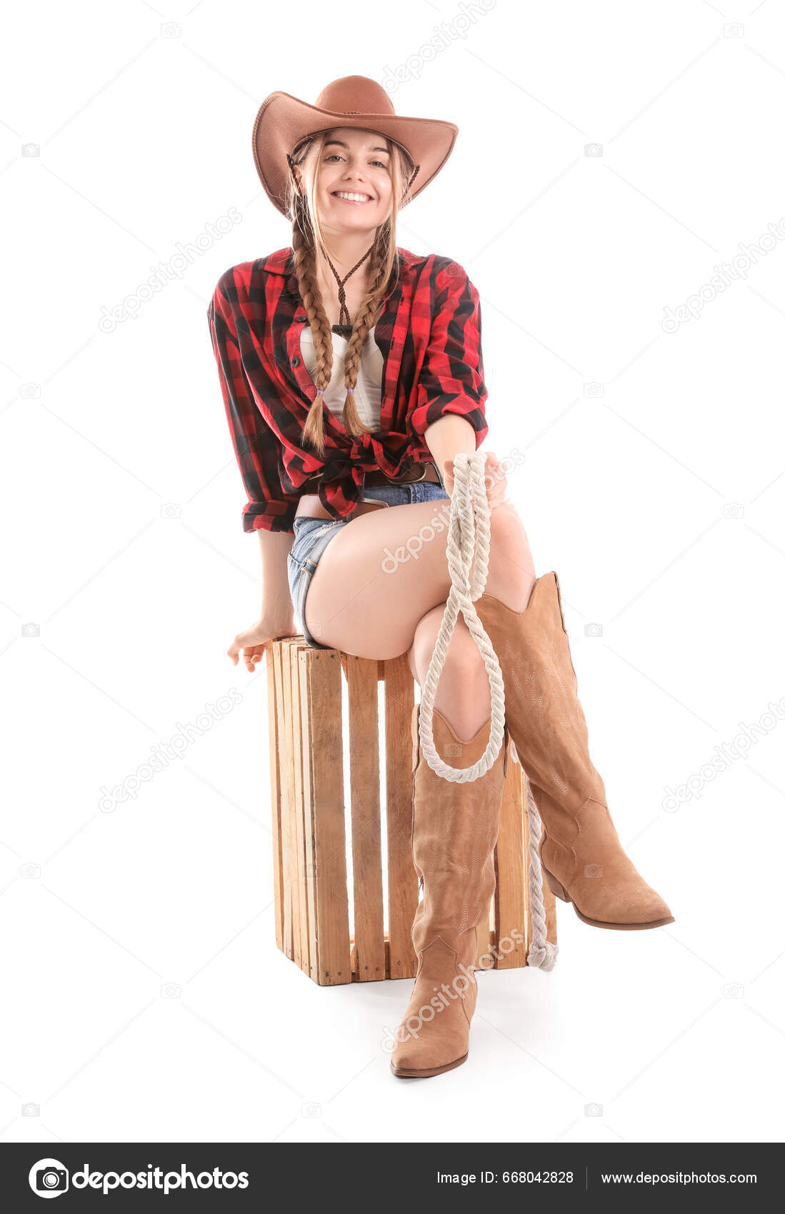 Young Cowgirl Lasso White Background Stock Photo by ©serezniy 668042828