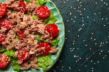 Koyu masada lezzetli ton balığı salatası.