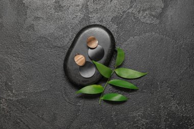 Güzel zarif yüzüklere ve grunge siyah arka planda bitki yapraklarına sahip taş.