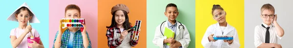 Set Van Verschillende Kinderen Dromen Hun Toekomstige Beroepen Kleur Achtergrond — Stockfoto
