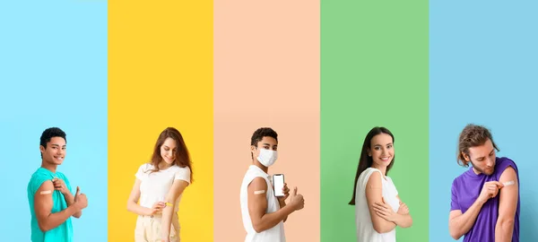 Набор Различных Людей Прикладными Медицинскими Пластырями Цветном Фоне — стоковое фото