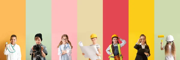 Raccolta Diversi Bambini Sognando Loro Professioni Future Sfondo Colore — Foto Stock