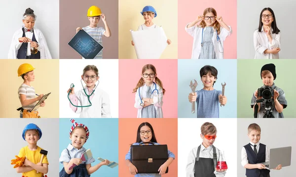 Colagem Diferentes Crianças Sonhando Com Suas Futuras Profissões Fundo Cor — Fotografia de Stock