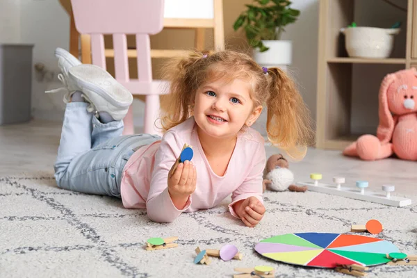 Cute Little Girl Playing Matching Game Clothespins Floor Home — Stock Photo, Image