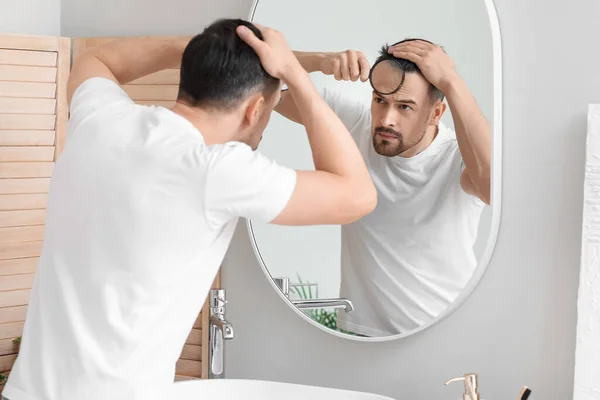 Handsome Man Hair Loss Problem Magnifier Looking Mirror Home — Stock Photo, Image