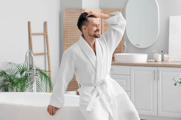 Handsome Man Hair Loss Problem Bathroom — Stock Photo, Image
