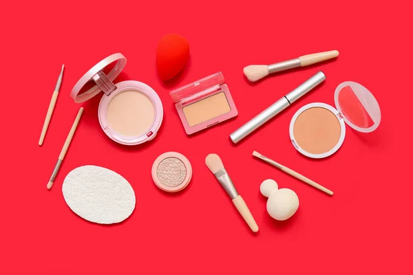 Decorative Cosmetics Makeup Brushes Sponges Red Background — Stock Photo, Image