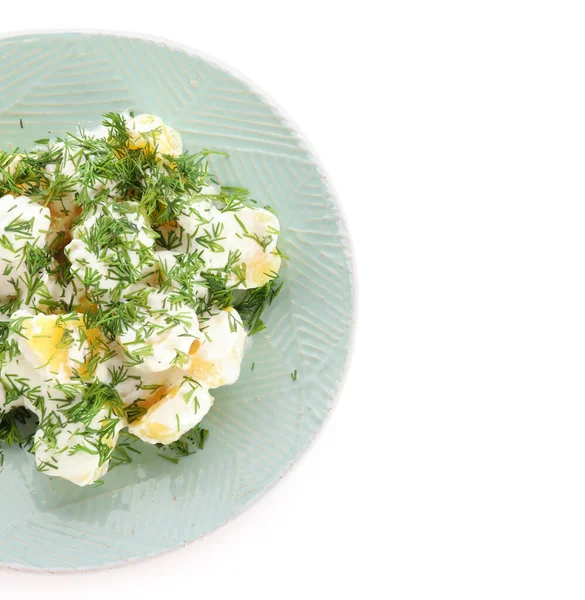 Plate Tasty Potato Salad Greens White Background Closeup — Stock Photo, Image