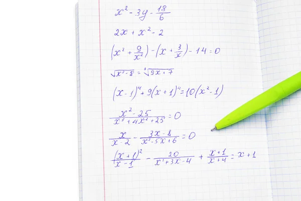 Copybook Com Fórmulas Matemáticas Caneta Isolada Sobre Fundo Branco — Fotografia de Stock
