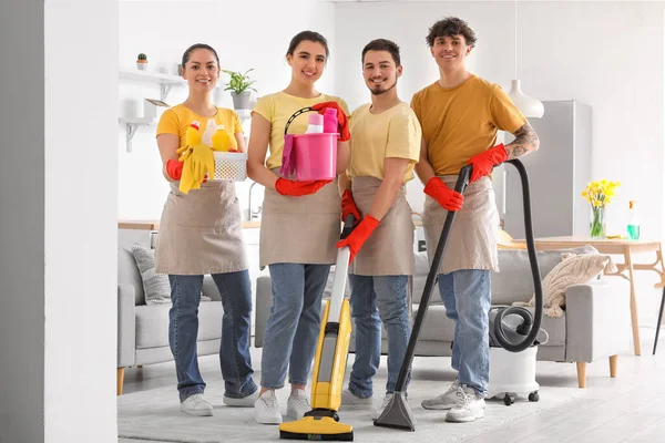 Young Janitors Cleaning Supplies Kitchen — Stock Photo, Image