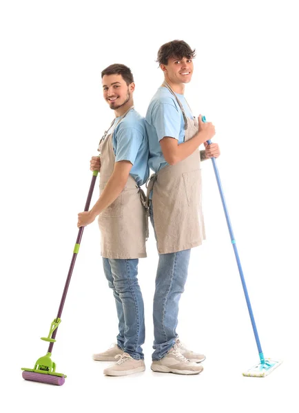 Männliche Hausmeister Mit Mops Auf Weißem Hintergrund — Stockfoto