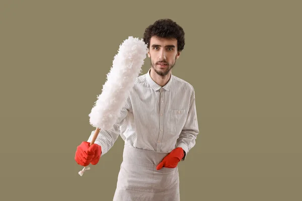 Young Man Duster Green Background — Stock Photo, Image