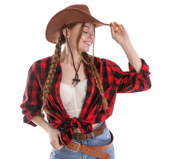 Jong Cowgirl Witte Achtergrond — Stockfoto