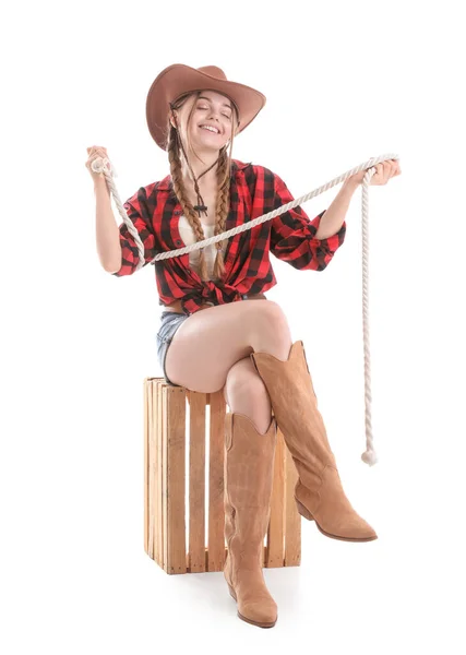 Young Cowgirl Lasso White Background — Stock Photo, Image