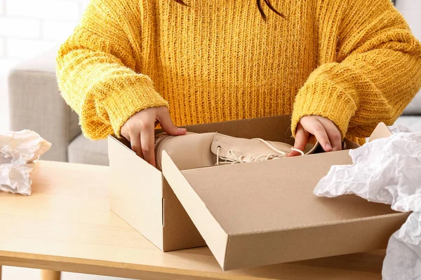 Woman Taking Beige Boots Out Box Room — Stock Photo, Image