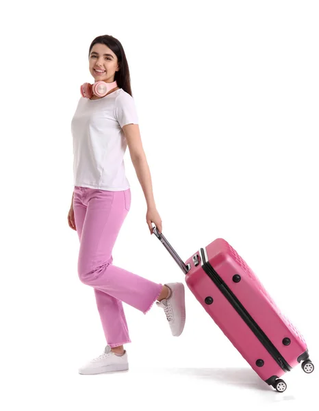 Junge Frau Mit Rosa Koffer Auf Weißem Hintergrund — Stockfoto