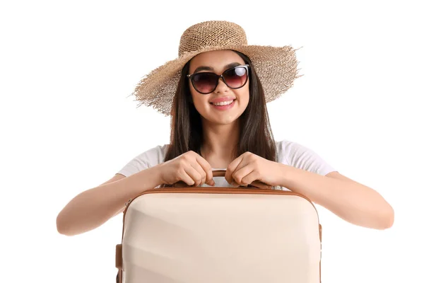 Jonge Vrouw Met Beige Koffer Witte Achtergrond — Stockfoto