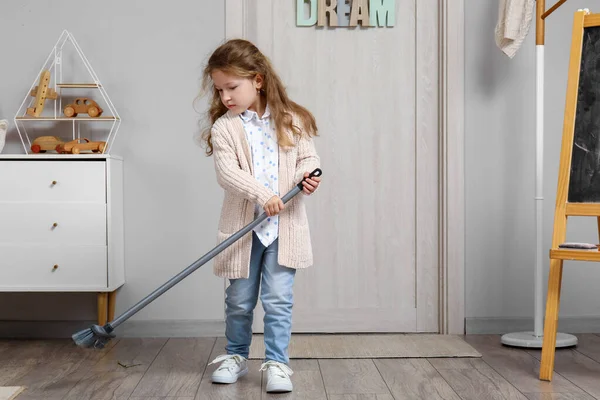 Cute Little Girl Sweeping Floor Broom Home — Stock Photo, Image