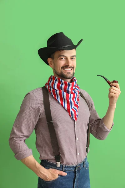 Handsome Cowboy Smoking Pipe Green Background — Stock Photo, Image