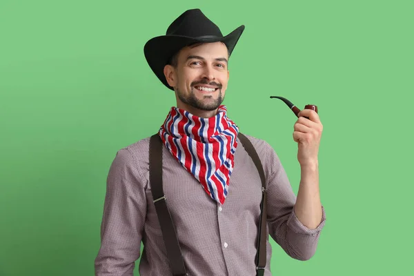 Handsome Cowboy Smoking Pipe Green Background — Stock Photo, Image