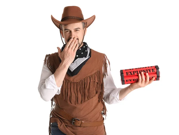 Glücklicher Cowboy Mit Sprengstoff Auf Weißem Hintergrund — Stockfoto