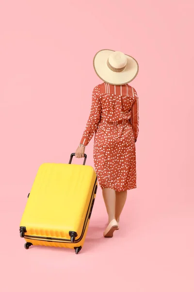 Mature Woman Suitcase Pink Background Back View — Stock Photo, Image