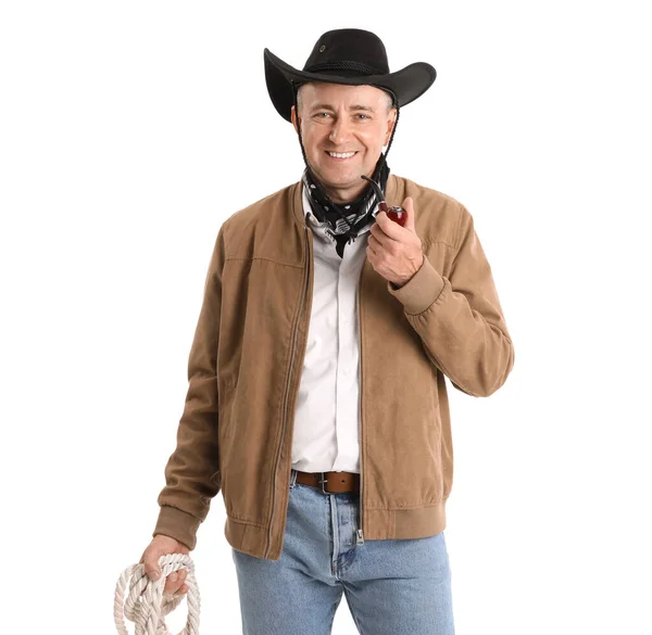 Gammal Cowboy Med Lasso Vit Bakgrund — Stockfoto